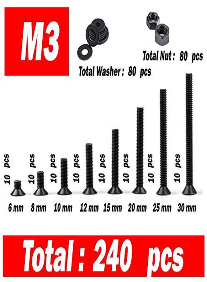 Rpi shop متجر Rpi - مجموعة براغي ألين M3 CSK، 8 قطع، المقاسات (6 مم، 8 مم، 10 مم، 12 مم، 15 مم، 20 مم، 25 مم، 30 مم)، 10 قطع من كل مقاس، مع 80 صامولة و80 حلقة، عبوة من 240 قطعة - Image 2